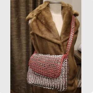 Rare vintage aluminum pop can tab crocheted purse large size capacity Silver/Red